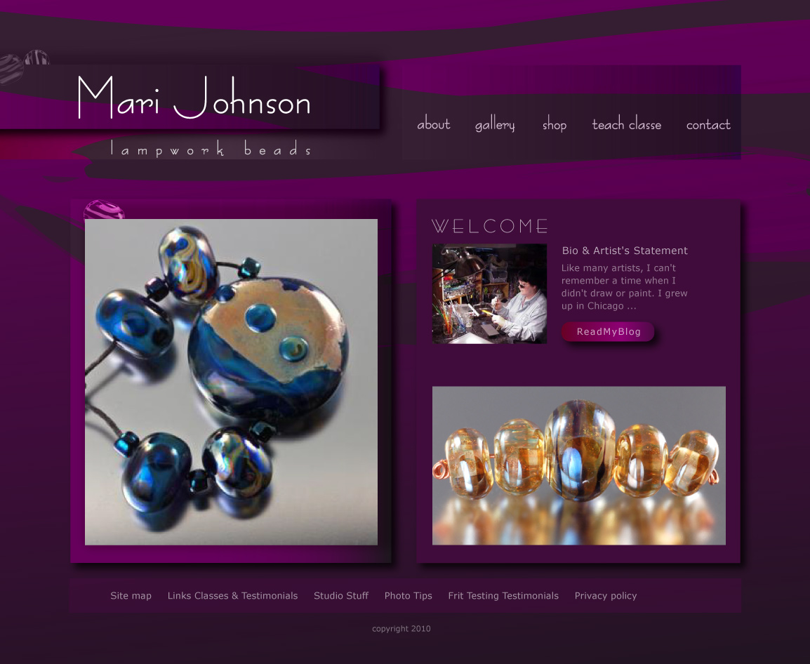 Web Design entry 168574 submitted by Jorq to the Web Design for Mari Johnson Lampwork Beads run by M.Johnson