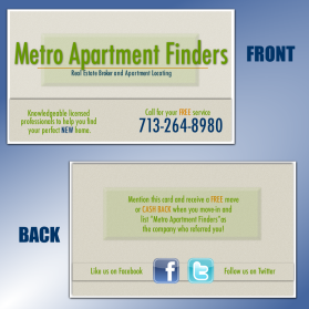 Business Card & Stationery Design entry 394306 submitted by Sarah_Danielle2 to the Business Card & Stationery Design for Metro Apartment Finders run by choffmeister
