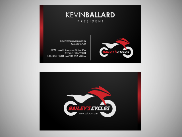 Business Card & Stationery Design entry 409805 submitted by zernoid to the Business Card & Stationery Design for Bailey's Cycles Inc. Busiess Cards  run by tango4kevin
