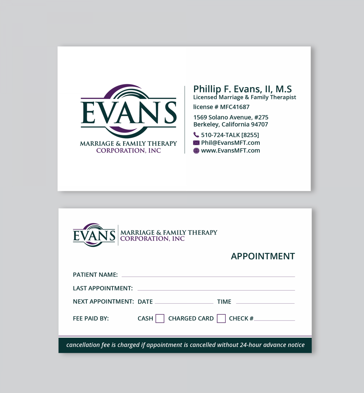 Business Card & Stationery Design entry 1086205 submitted by athenticdesigner to the Business Card & Stationery Design for Evans Marriage & Family Therapy Corporation, Inc. run by EvansMFT