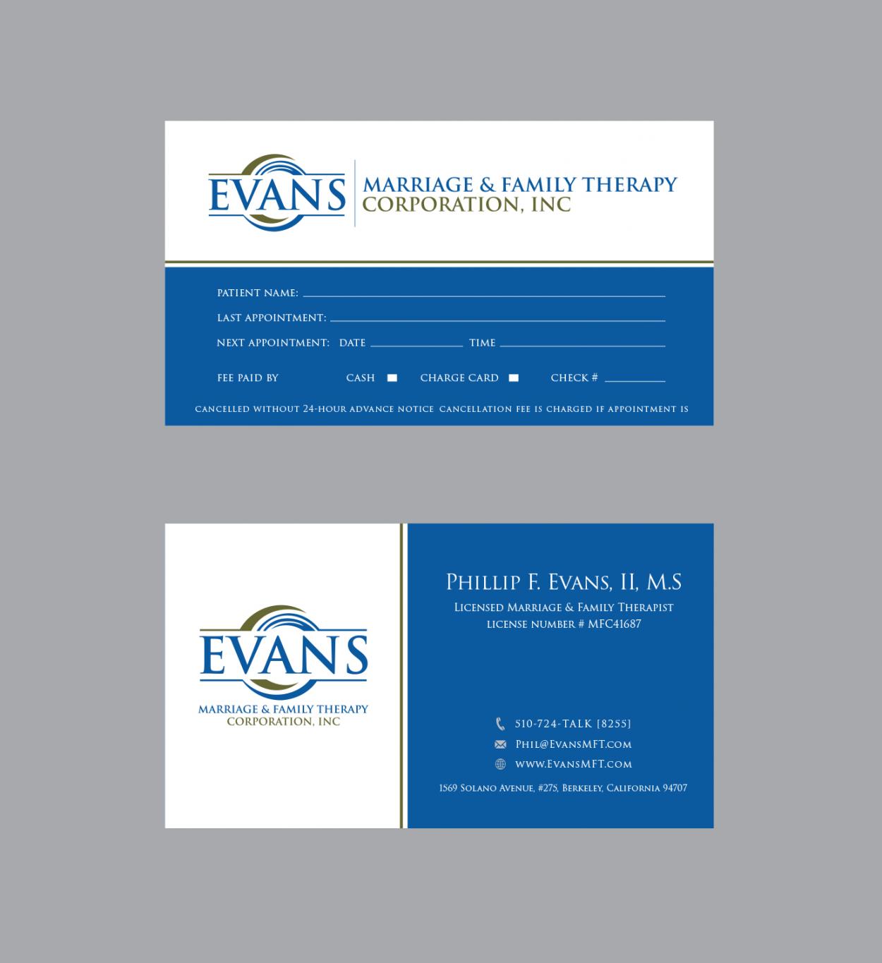 Business Card & Stationery Design entry 1086233 submitted by Jecha to the Business Card & Stationery Design for Evans Marriage & Family Therapy Corporation, Inc. run by EvansMFT