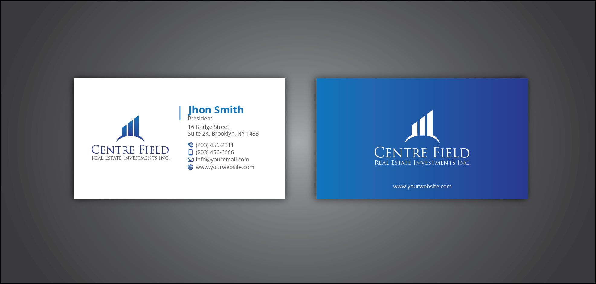 Business Card & Stationery Design entry 1100382 submitted by indeyzn to the Business Card & Stationery Design for Centre Field Real Estate Investments Inc. run by team4me