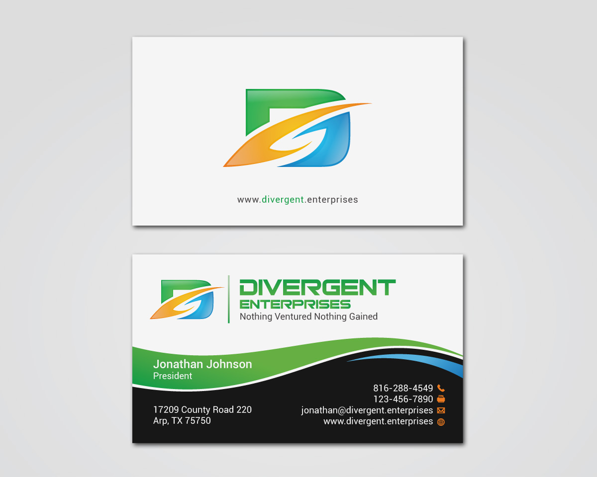Business Card & Stationery Design entry 1195907 submitted by TCMdesign to the Business Card & Stationery Design for Divergent, LLC d/b/a Divergent Enterprises (divergent.enterprises) run by stepenterprise